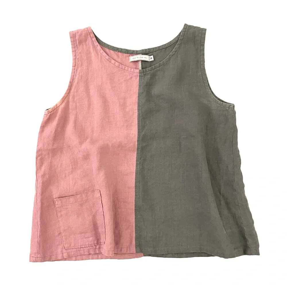 Love to Love You Pink and Gray Color Block Sleeveless Linen Pocket Shirt Medium - Picture 1 of 5